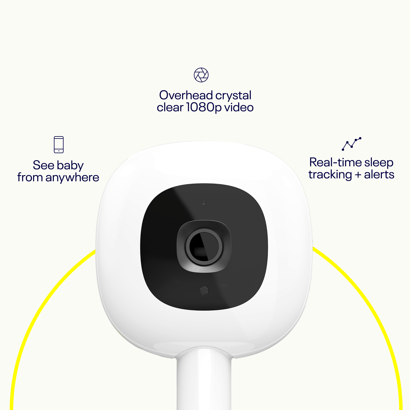 close up on nanit camera - see baby from anywhere. overhead crystal clear 1080p video, real-time sleep tracking + alerts