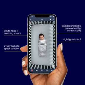 nanit app showing live stream - white noise and soothing sounds, 2-way audio, background audio, nightlight control